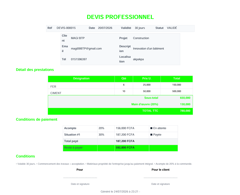 Exemple de devis BTP Devis Pro