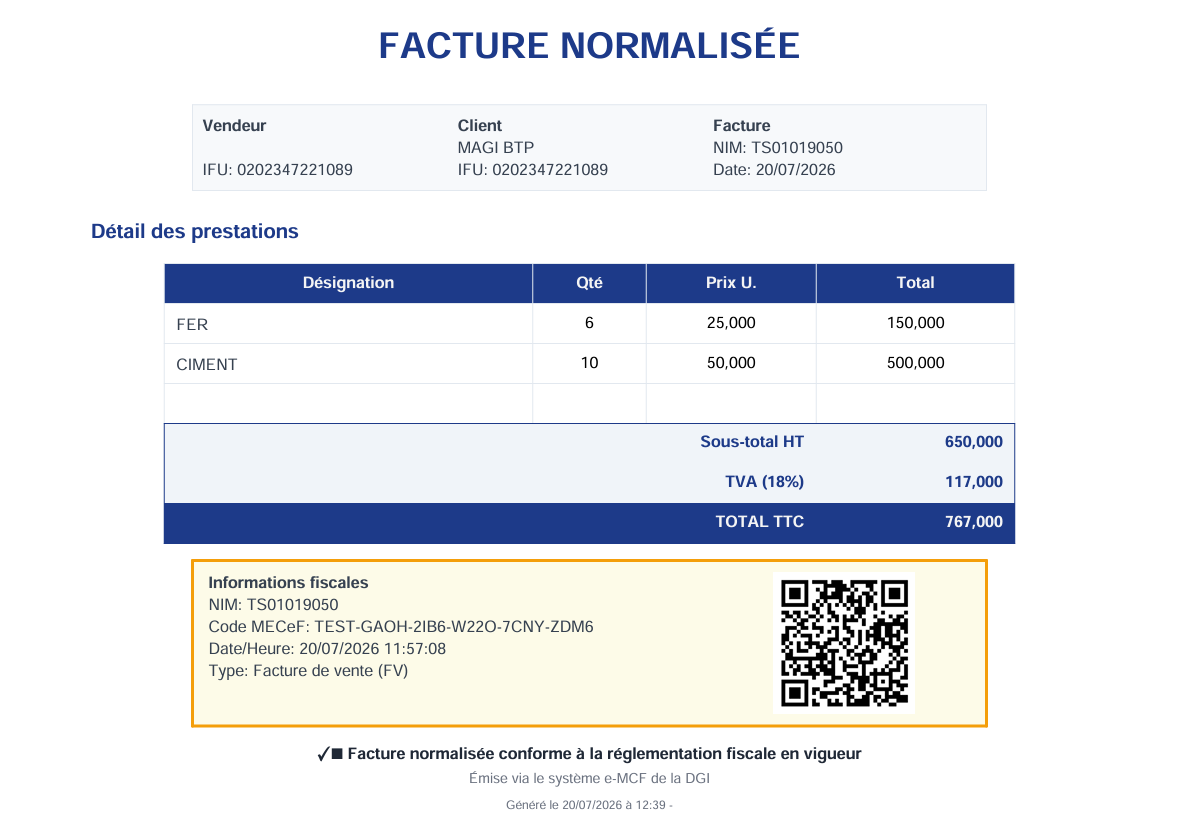 Exemple de facture normalisée DGI avec QR Code